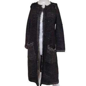Zara Cardigan Woman S Black Knit Silver Metallic Rock Open Long Pockets Raw Hem‎